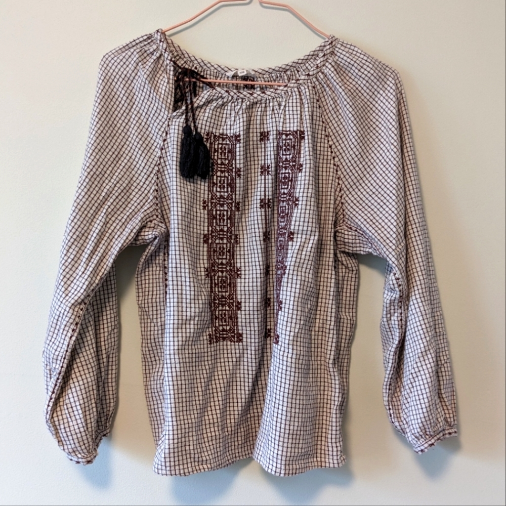 Soeur peasant top with embroidery and grid pattern in cream and burgundy, XXS